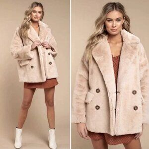 Free People Kate Faux-Fur Double Breasted Jacket Coat Apricot Pink Beige XS